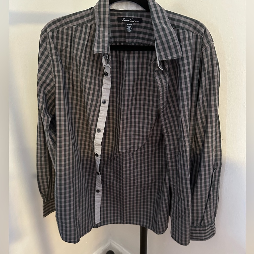 Kenneth Cole grey black plaid long sleeve button up